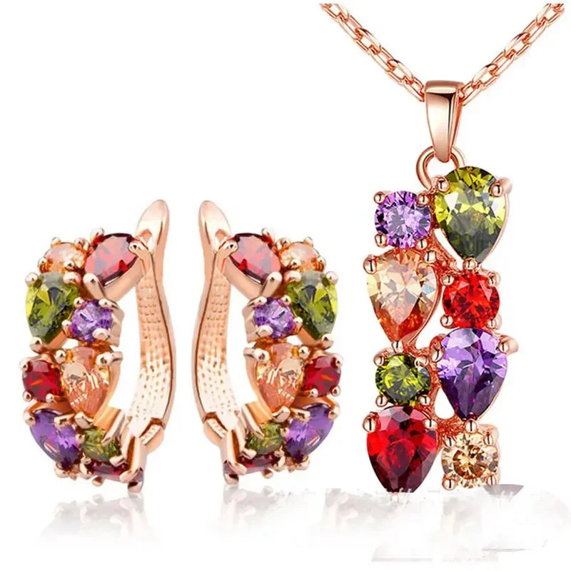 Jewelry Set Mona Lisa Zircon Necklace Earrings Colorful Necklace Earrings sets for female luxury fashion wedding jewely sets