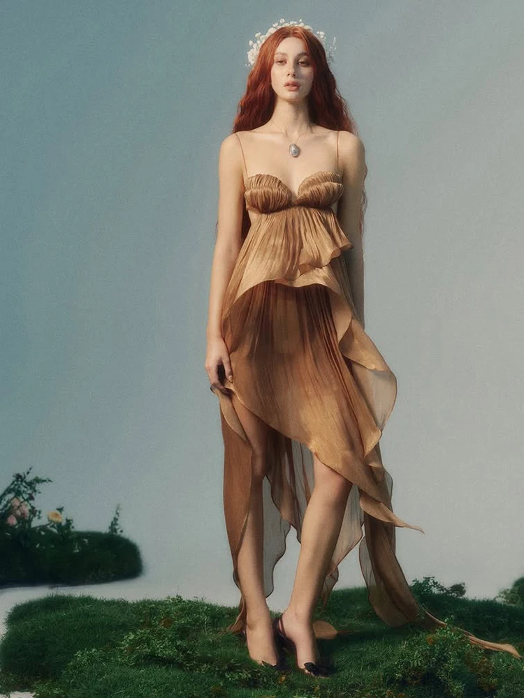 Kliou Rüschen-Quasten-Trägerkleid für Damen, Sommer-Trend, tief ausgeschnitten, rückenfrei, unregelmäßiger Saum, Geburtstagsparty, gerafftes, elegantes, langes Bodycon-Kleid