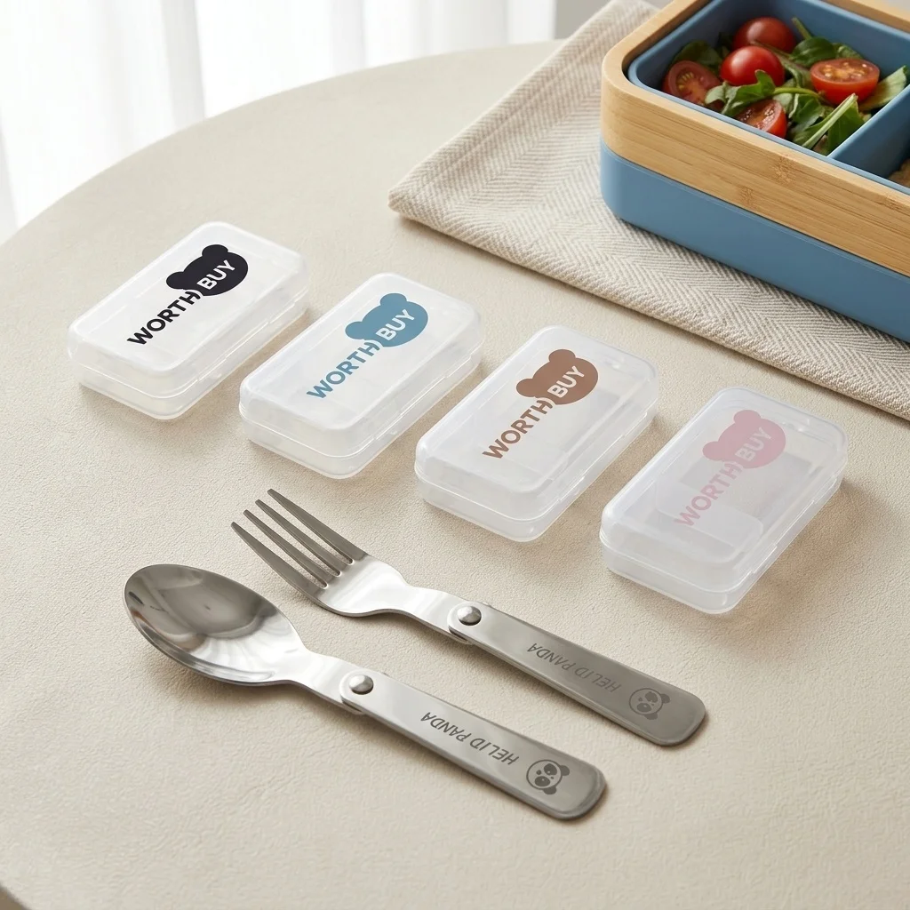 Portable Foldable Tableware 304 Stainless Steel Fork Spoon With Cutlery Box Kids Students Cute Picnic Folding Dinnerware Set