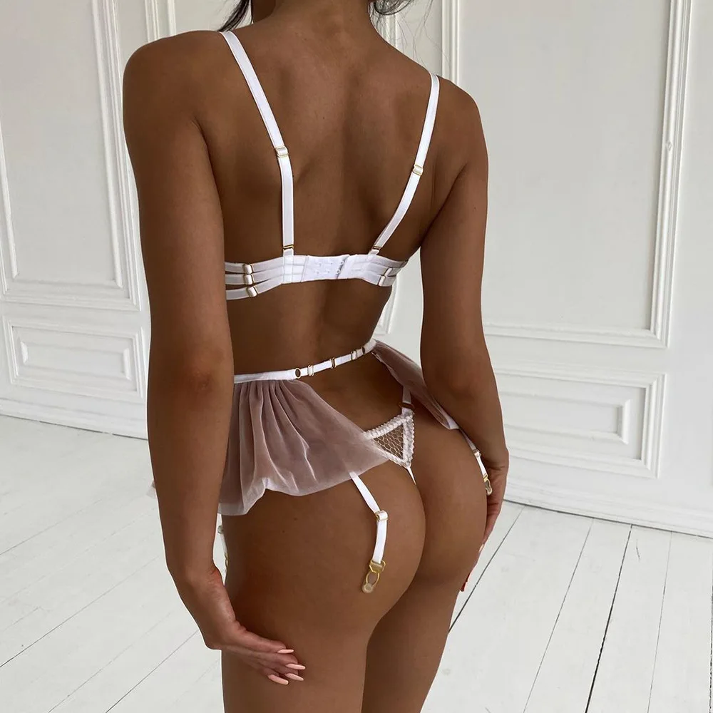 Miflame-Underwear mesh underwear, underwire cotton cup bra, lace garter belt, Thong, three piece sex suit