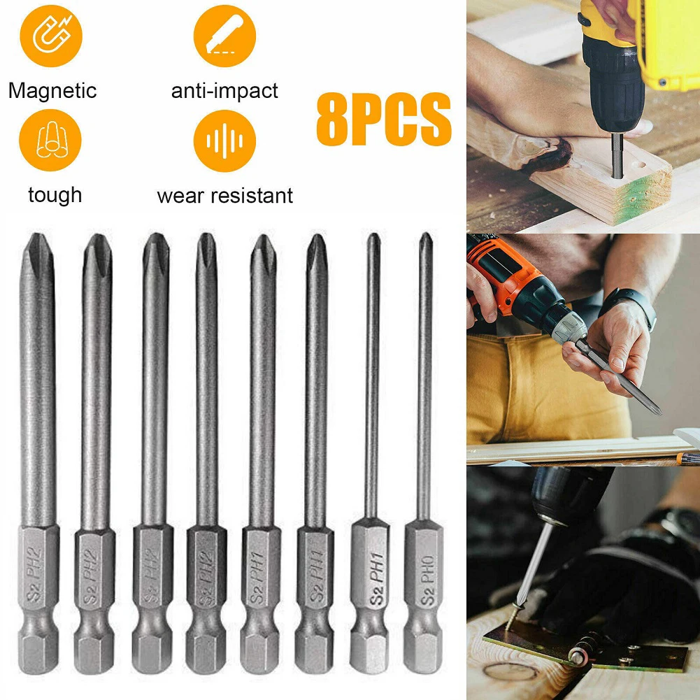 8pcs/Set 75mm Long Magnetic Hex Cross Head Screwdriver Bits 1/4 Inch Hex Alloy Steel Electric Screwdriver PH0 PH1 PH2