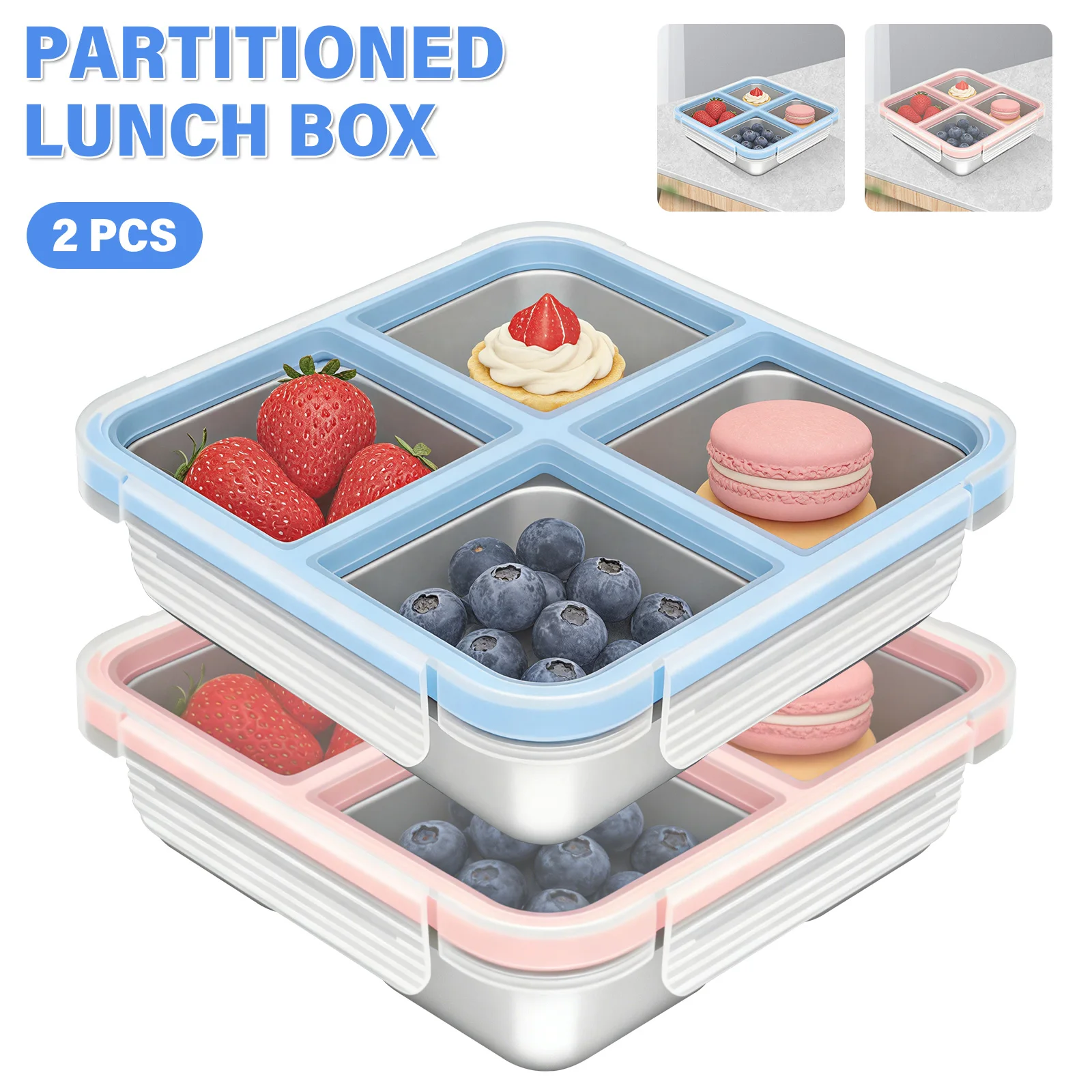 Food Prep Snacks - กล่องใส่ขนมสแตนเลส 2 ชิ้น พร้อมฝาปิด กล่องเก็บอาหาร 4