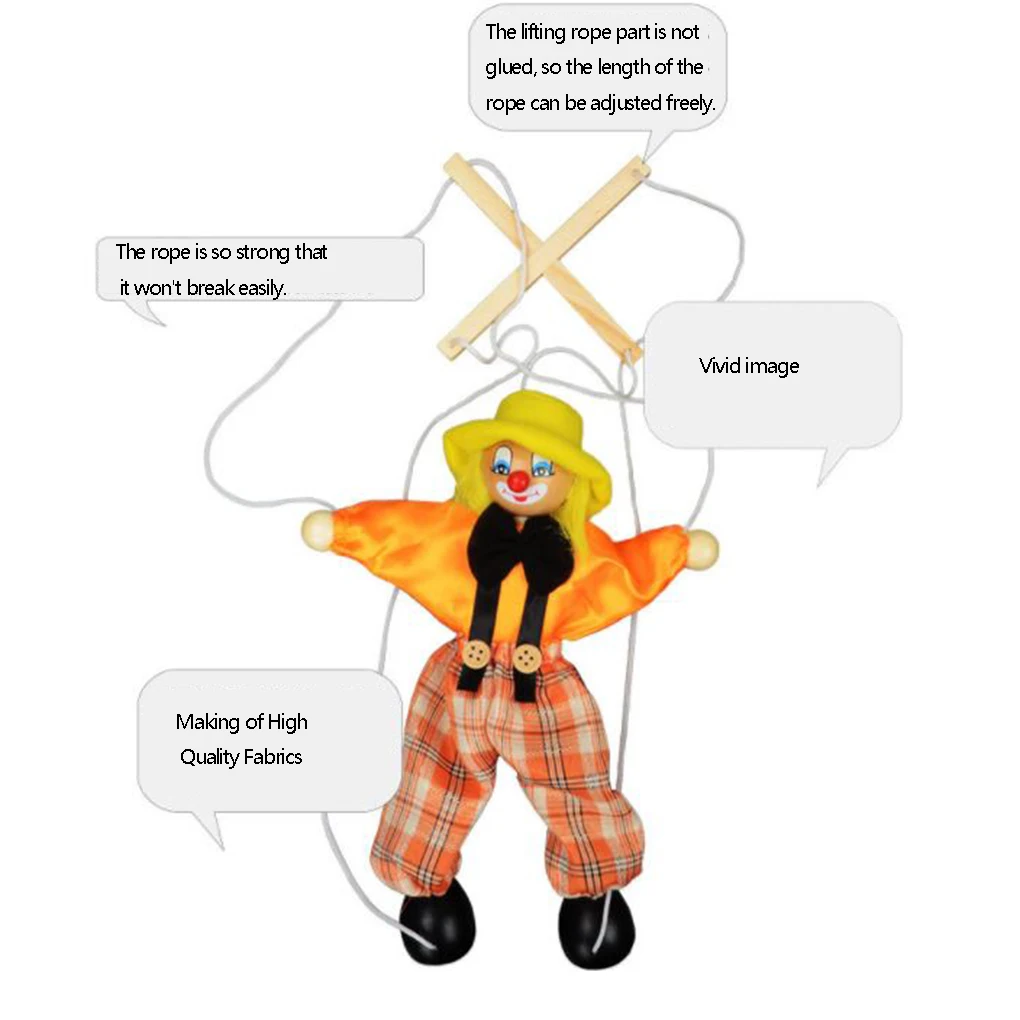 Colorful Pull String Puppet Clown Wooden Marionette Handcraft Toys Joint Activity Doll Kids Children Gifts Random Color