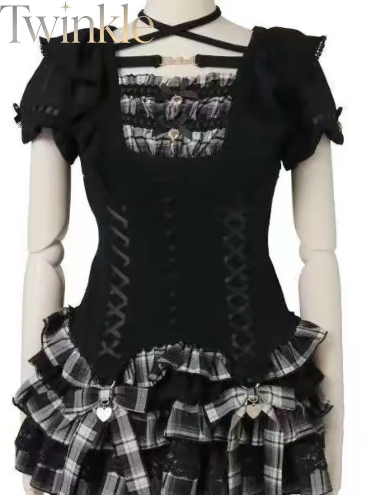 Japanese Sweet Cute Plaid Patchwork Short Sleeve Dress Shorts Set 2pcs Women's Lolita Dress and Shorts 2603