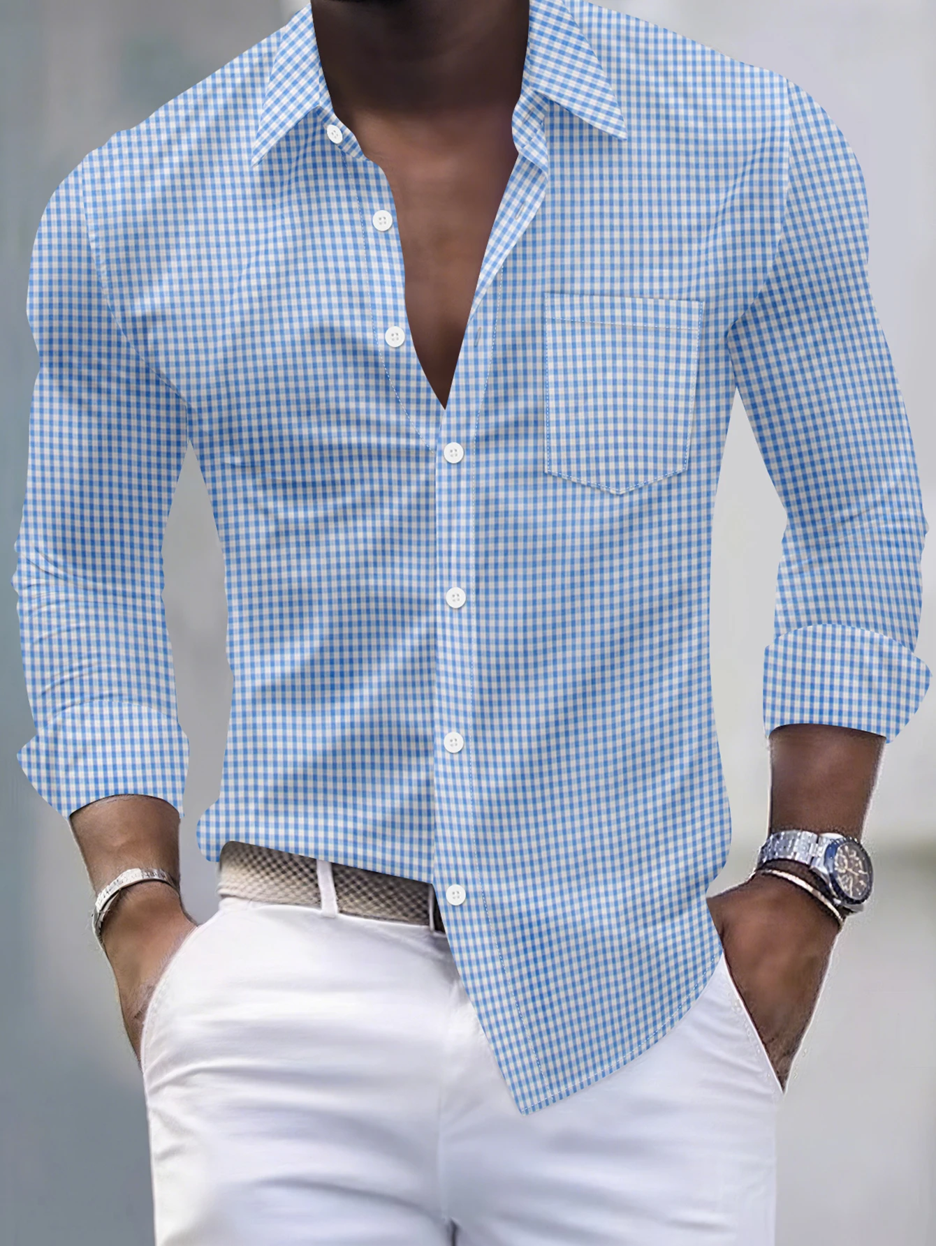 Spring and Autumn Men's Woven Check Pocket Casual Shirt Long Sleeve Dance Business Casual Shirt