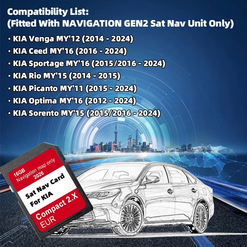 Sat Nav Compact 2.X for KIA Venga Ceed Sportage Rio Picanto Optima Sorento Car 2026 SD Card 16GB Europe Maps Update Software