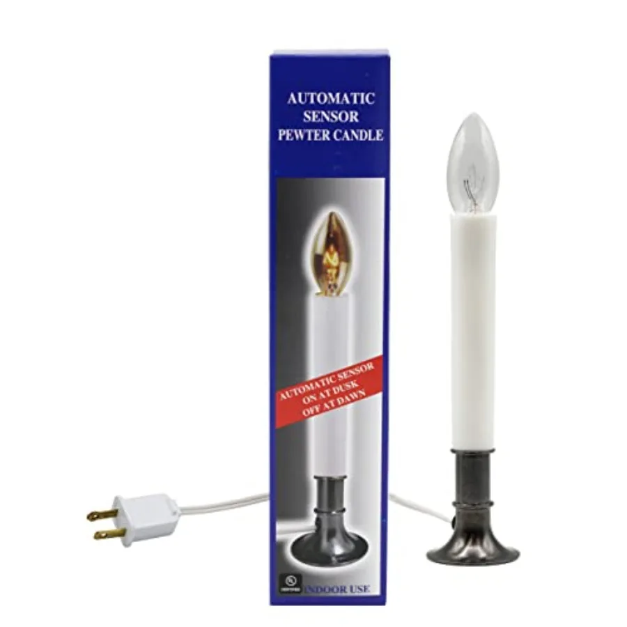 Electric Window Candle Lamp with Pewter Plated Base, Dusk to Dawn Sensor Turns Candle on in Dark and Off in Light, Ready to Use