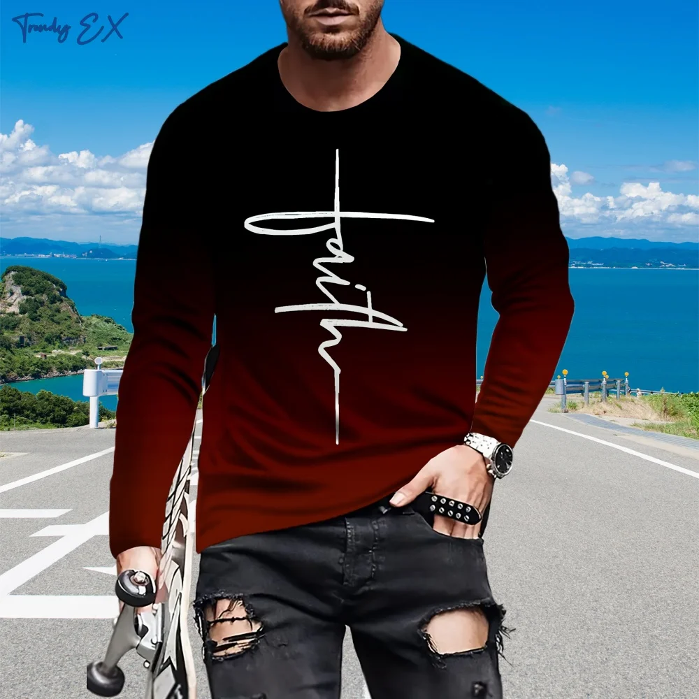 

Gradient Long Sleeved T-Shirt Summer Casual T-Shirts for Men Cotton Word and Text Printed T-Shirts Outdoor Fitness Streetwear