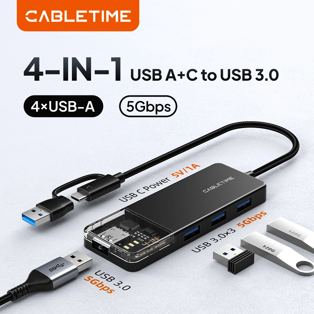 CABLETIME 4 IN 1 USB A Hub USB 3.0 5Gbps Fast Transmission Speed Transparent Shell for Laptop DELL Lenovo