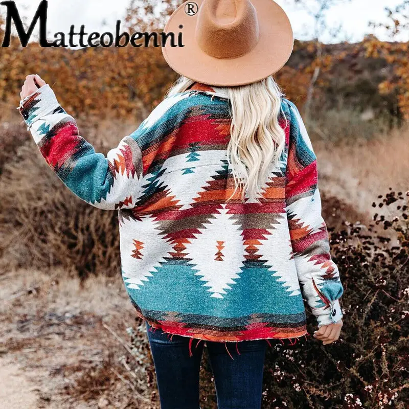 Vintage AZTEC Ethnic Geometric Jeans Jacket Women Casual Turn-down Collar Loose Woolen Coats Long Sleeve Denim Jacket Streetwear