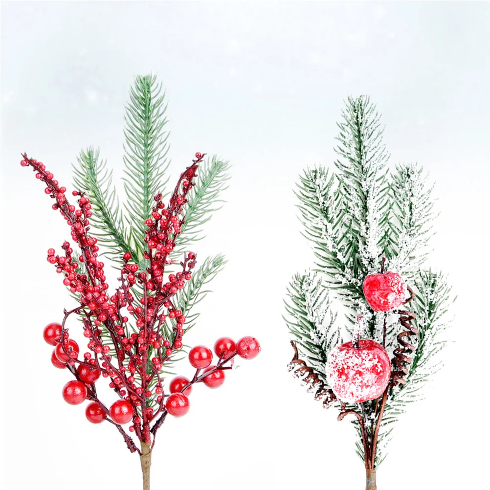 

2pcs Christmas Cuttings Decorations Sticky White Pine Needles Red Fruit Holiday Wreath Craft Centerpiece Tree Decor Home