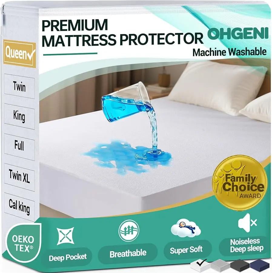 

100% Waterproof Mattress Protector, Queen Size, Fitted Sheet with Deep Pockets, 6''-18'', Premium Noiseless Breathable Soft Mate