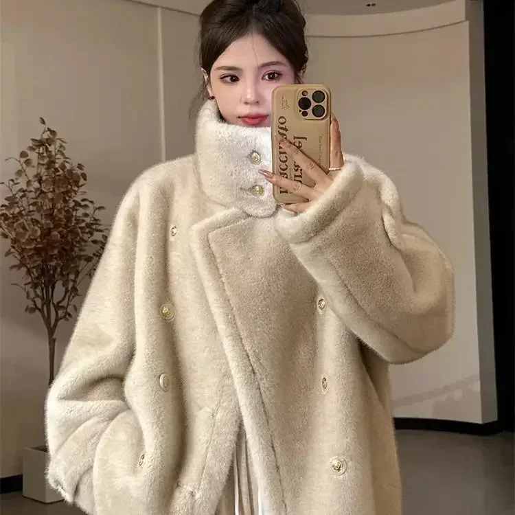 Elegant Warm Imitation Mink Fur Coat Women Faux Fur Jacket Winter Stand Collar Thicken Plush Woolen Outerwear Top Female Clothes