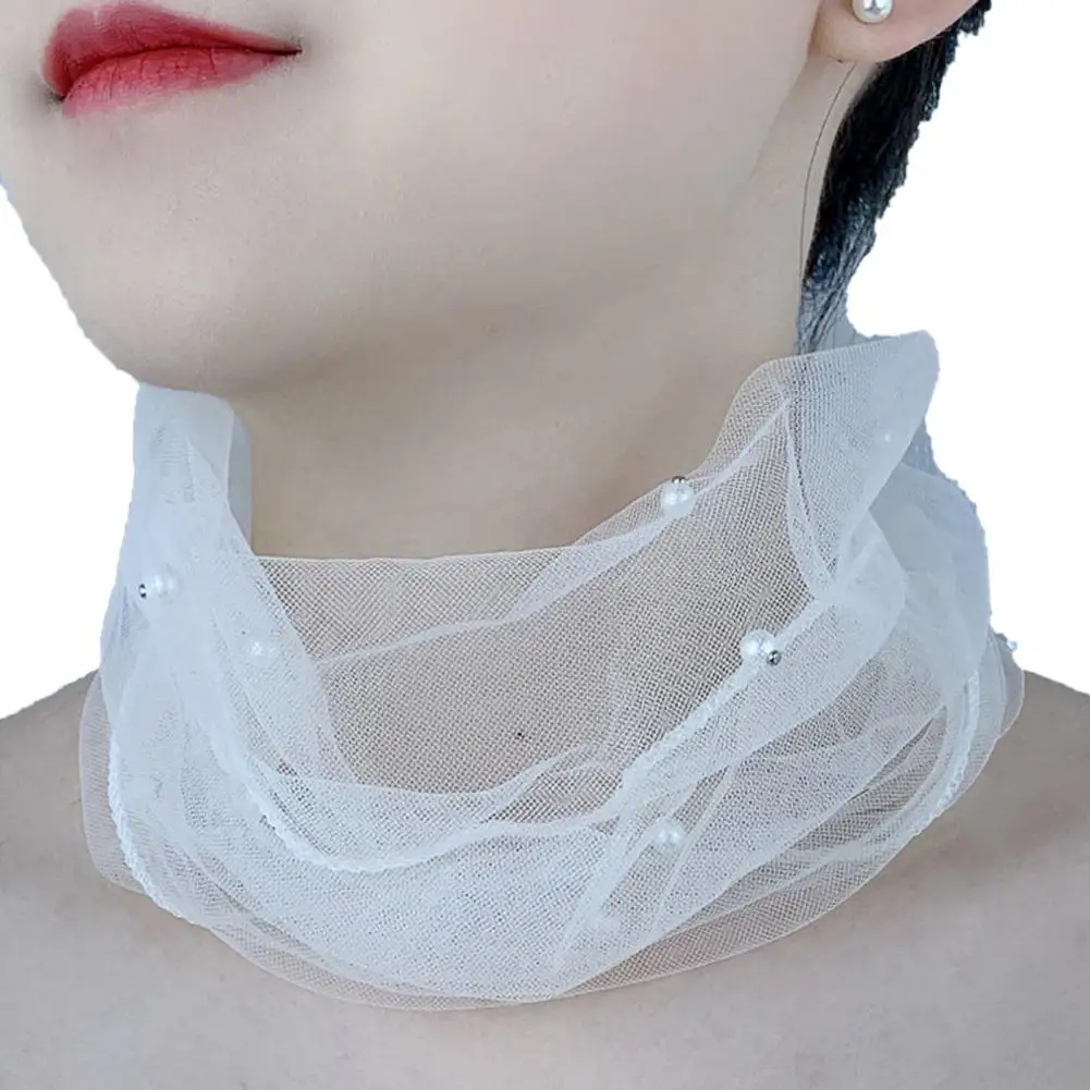 Elegant Elastic Neck Wrap Solid Color Neck Collar Faux Pearls Decor Elastic Organza Lace Scarf Multi-functional