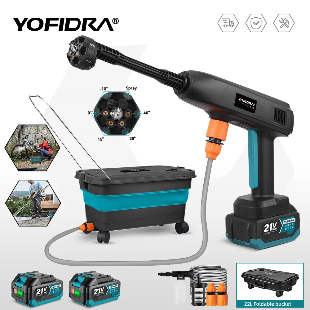 Pistolet de lavage haute pression YOFIDRA 100 bars + réservoir d'eau 22L, outil de nettoyage portable, pistolet de pulvérisation de jardin pour batterie Makita 18V