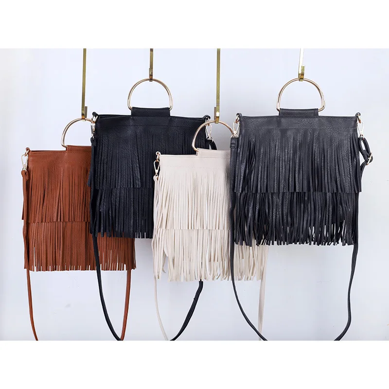 Fashion Leisure Iron Hand Bag Handbag Single Shoulder Crossbody Guangzhou Women\'s Bag Soft Leather Tassel Bag