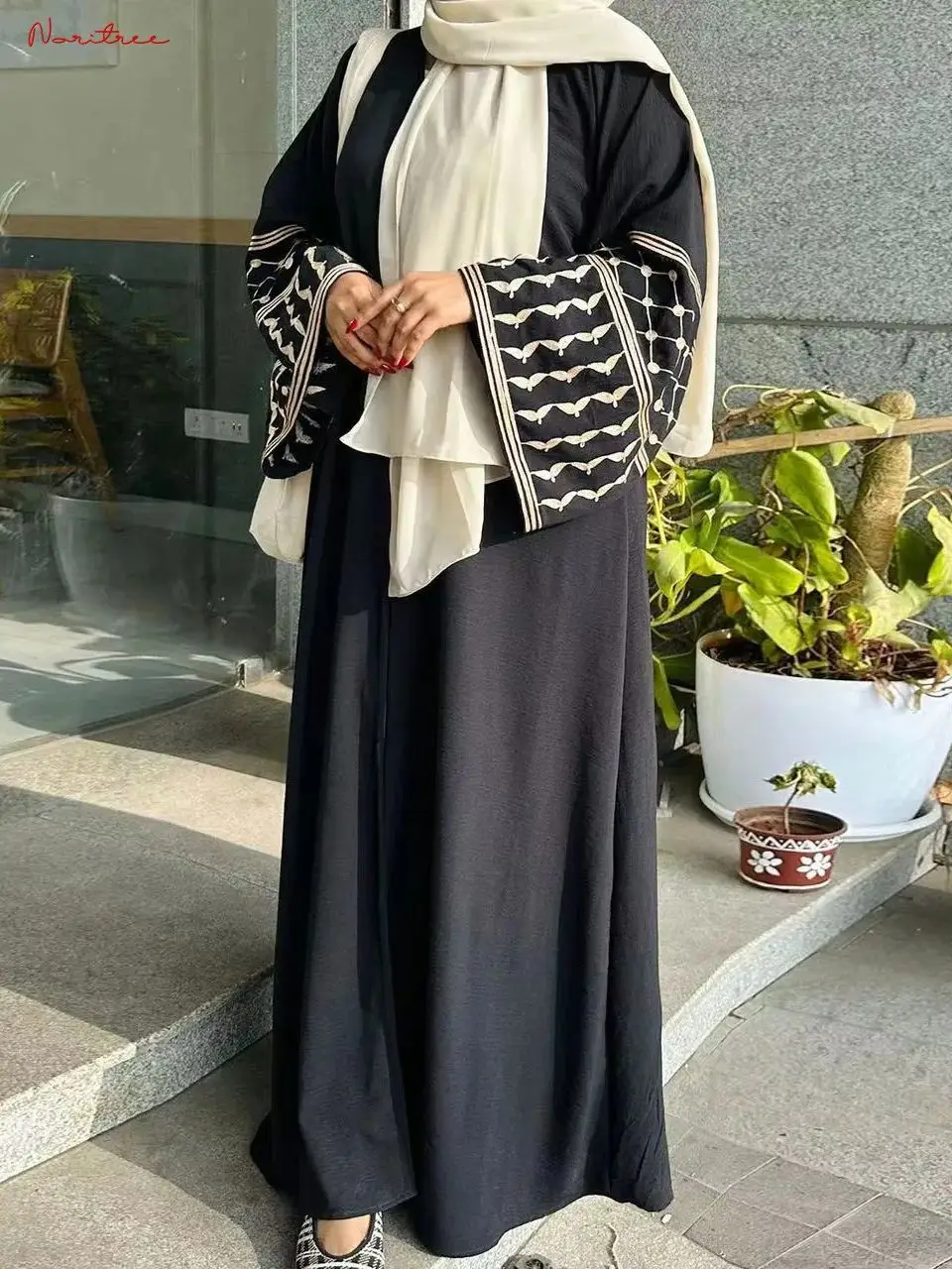 

Fashion Embroidery Kimono Oversized Muslim Robe abaya syari female full length Muslim abaya Worship Service abayas Belt wy2002