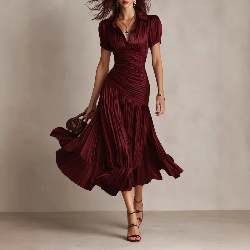 Women's dress with elegant and casual resort satin ribbed plaid pattern - summer vintage fashion long dress