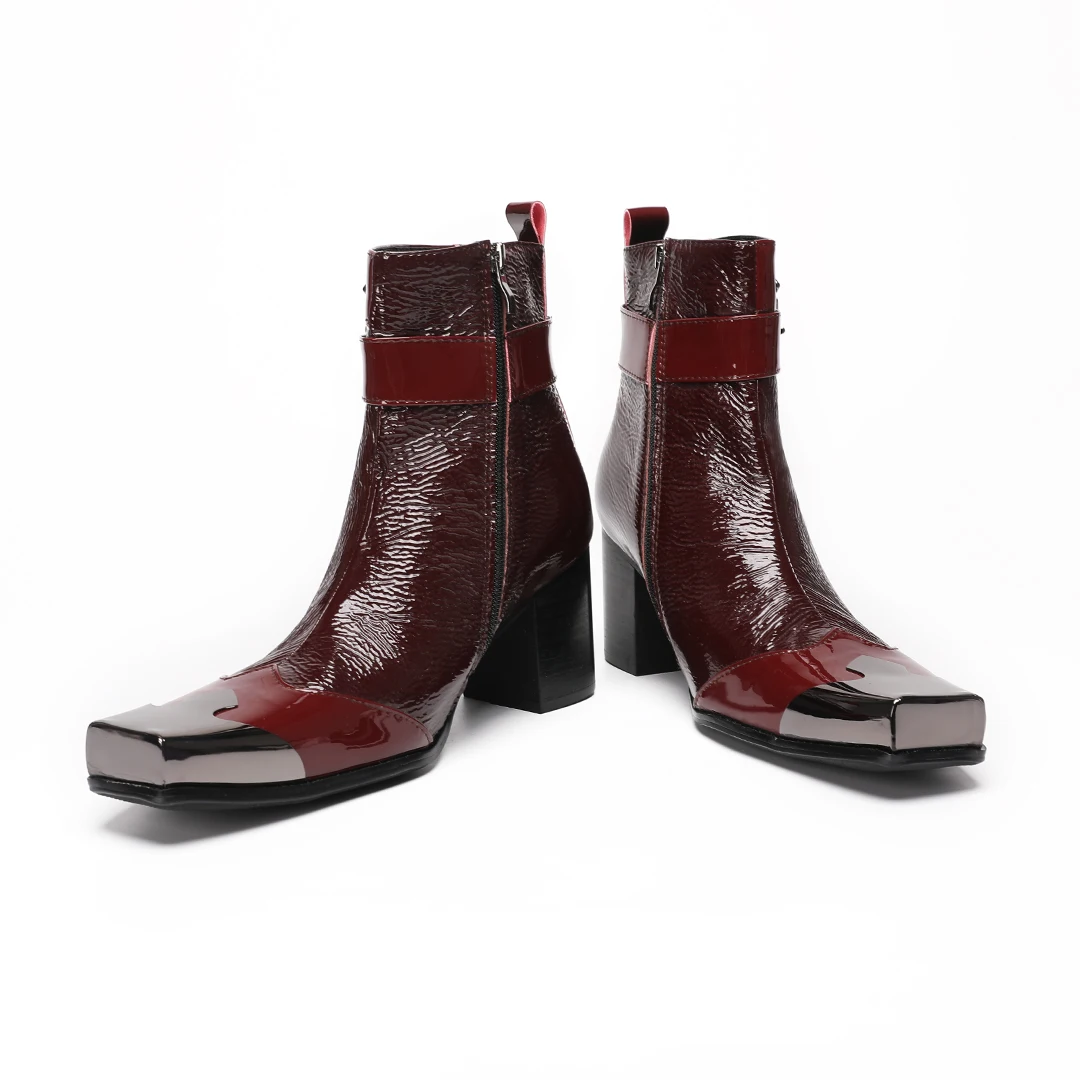 Designer Red Square Toe Men Real Leather High Heel Short Boots Male Rivets Club Party Motorcycle Cowboy Ankle Boots Dress Shoes