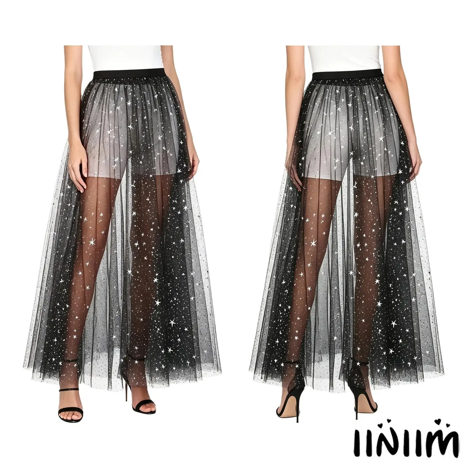 

Womens See Through Lyrical Dance Skirt Metallic Shiny Sheer Mesh Elastic High Waist Skinny Bodycon Miniskirt Belly Dancewear
