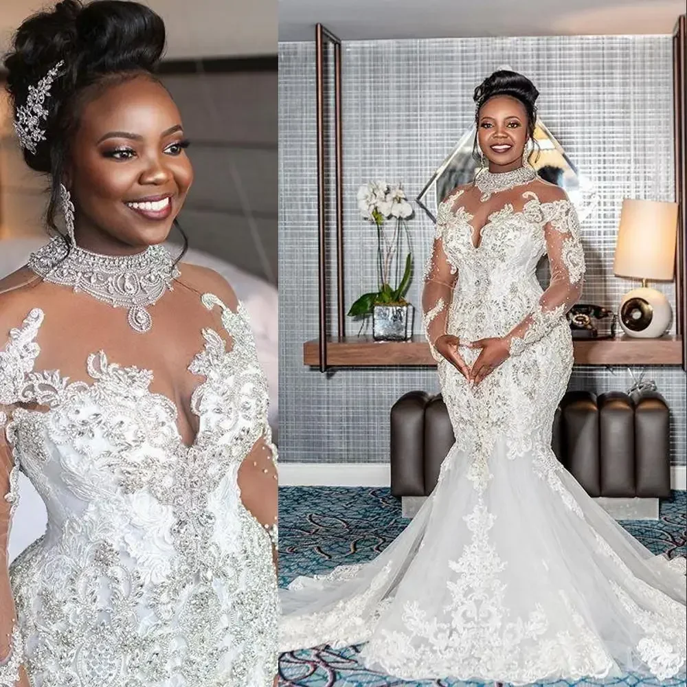 ชุดแต่งงานเจ้าสาวแบบนางเงือกสไตล์แอฟริกันประดับคริสตัลและลูกปัด แขนยาวซีทรู คอสูง แต่งลูกไม้หรูหรา