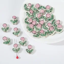5pcs 16x14mm Hand Painted Flower Ceramic Beads Pink/Red/Yellow/Blue Tulip Ceramics Bead For Jewelry Making DIY Bracelet Earring