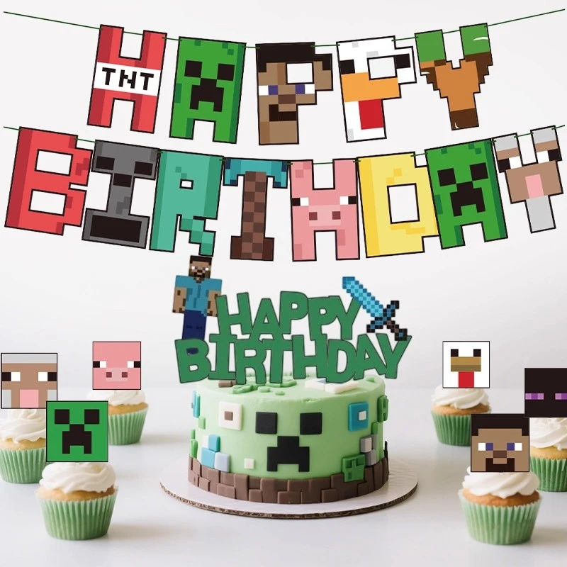 مجموعة أدوات مائدة للحفلات من Game Pixel Block، أطباق ورقية كرتونية، لافتة أدوات مائدة للاستعمال مرة واحدة لتزيين أعياد الميلاد وحفلات استقبال المولود الجديد