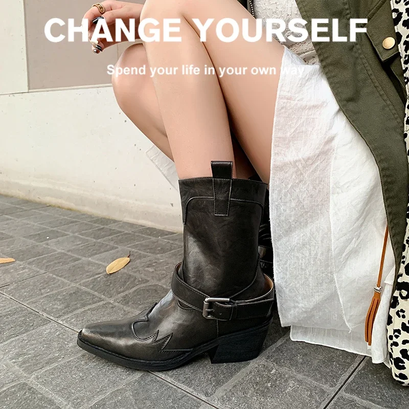 

2023 новые осенне-зимние женские ботильоны высотой 22-25 см из воловьей кожи с квадратным носком и пряжкой на платформе, сапоги в стиле вестерн, рыцарские сапоги