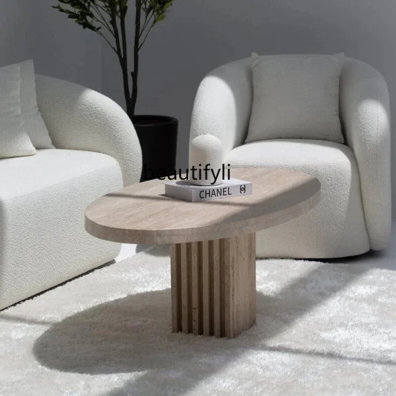 

Cy56 Natural travertine coffee table urgent use small apartment living room creative oval coffee table French wabi sandy wind