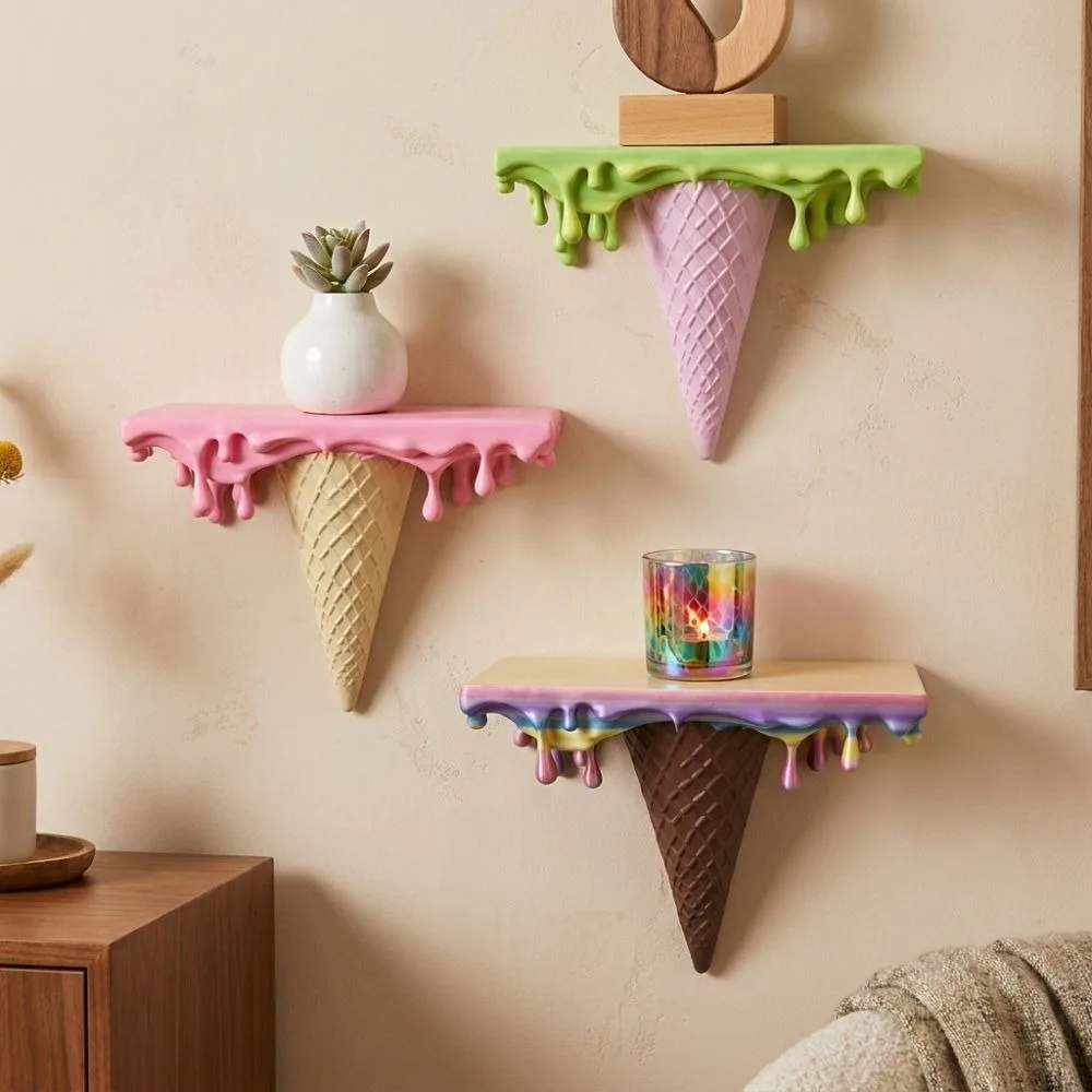 3D Printed Melting Ice Cream Floating Wall Shelf Wall-Mounted Stable Drip Floating Shelf Funny Irregular Artistic