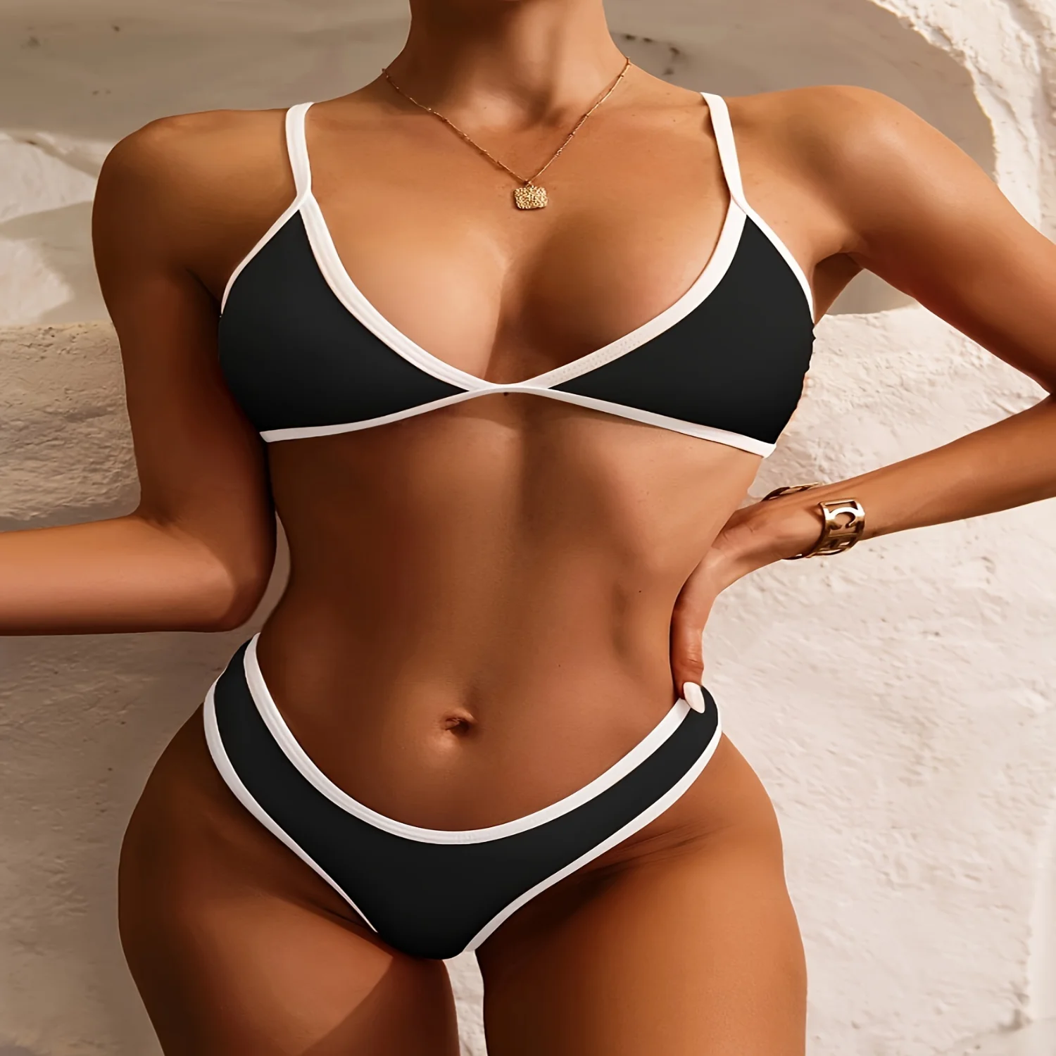 2024 New Fashionable Solid Color Contrast Split Bikini Set - Medium Stretch Polyester Knit Fabric Swimsuit with Comfortable Fit 