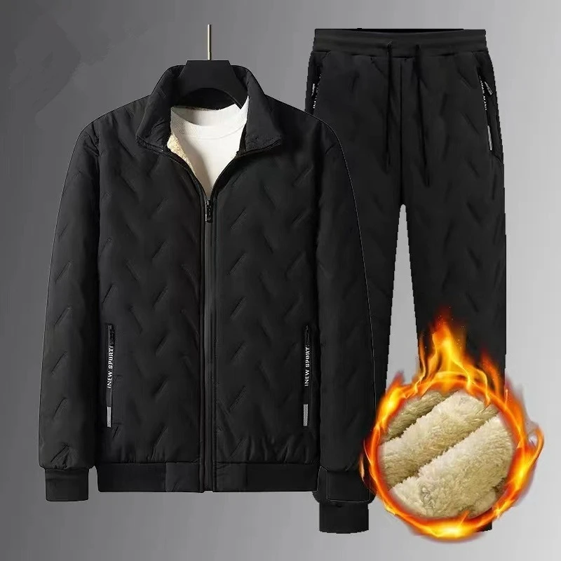 

New Mens Joggers Set Sweat Suit Winter Lamb Fleece Warm Men Down Cotton Jacket Zipper Coat+Down Pants Two Piece Sets Fashion 5XL