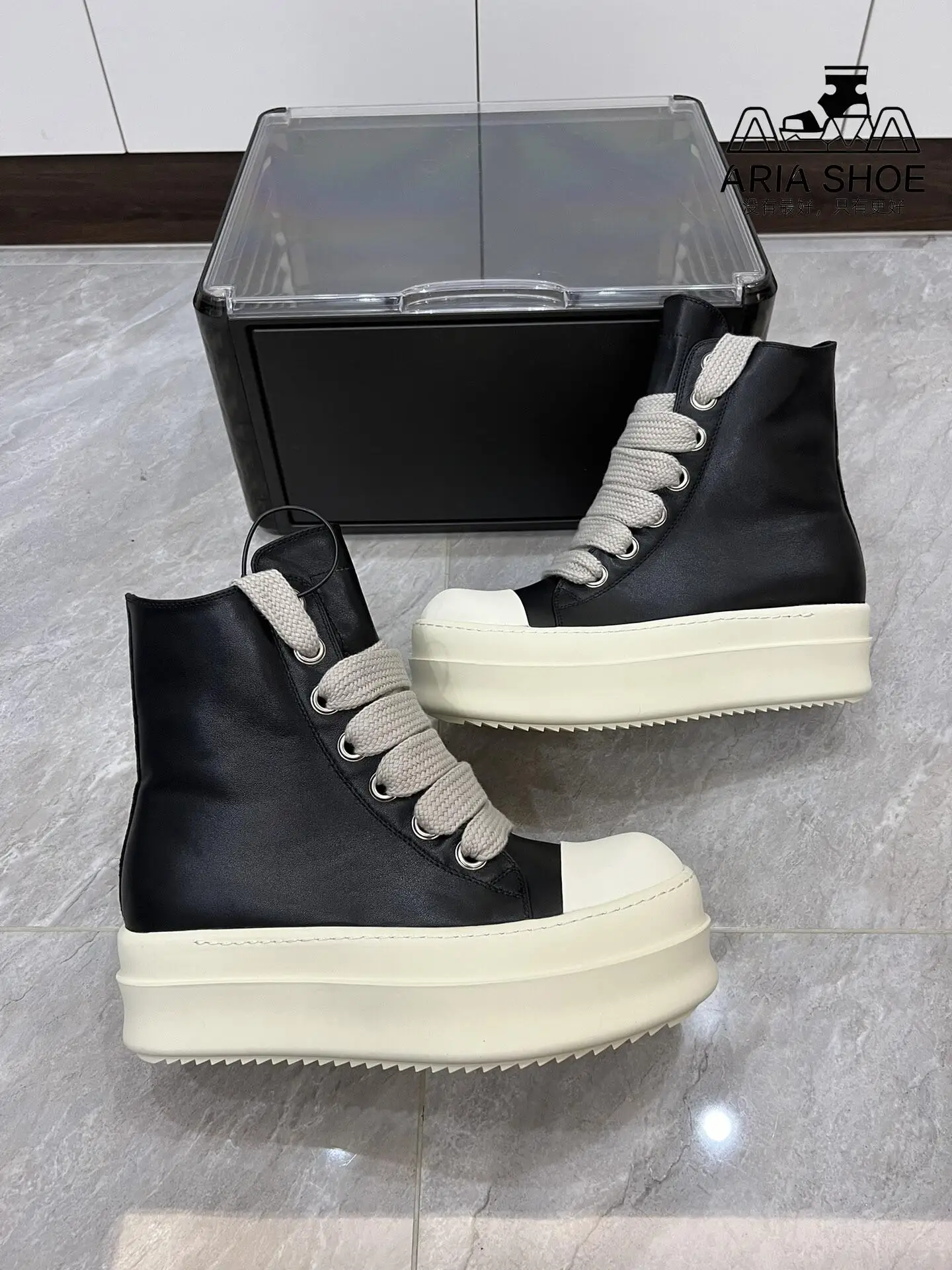 Ricks Classic Beige Black Thick Sole Thick Shoelaces Cowhide High Top Luxury Owens Casual Leather Shoes Owens Leahter Ankle Boot