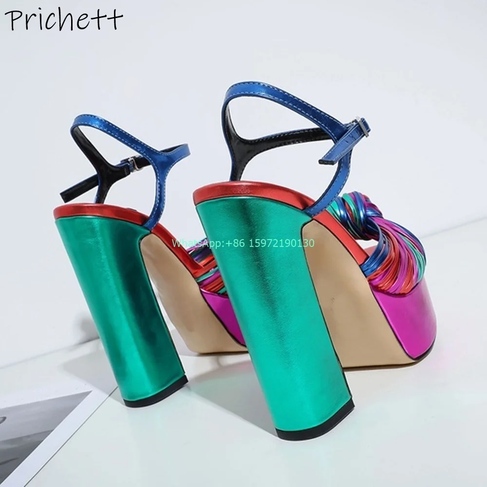 Twist sandalias de colores mezclados para mujer, zapatos de plataforma, tacones gruesos, Punta abierta, banda estrecha, tejido azul plateado, estilo romano, pasarela