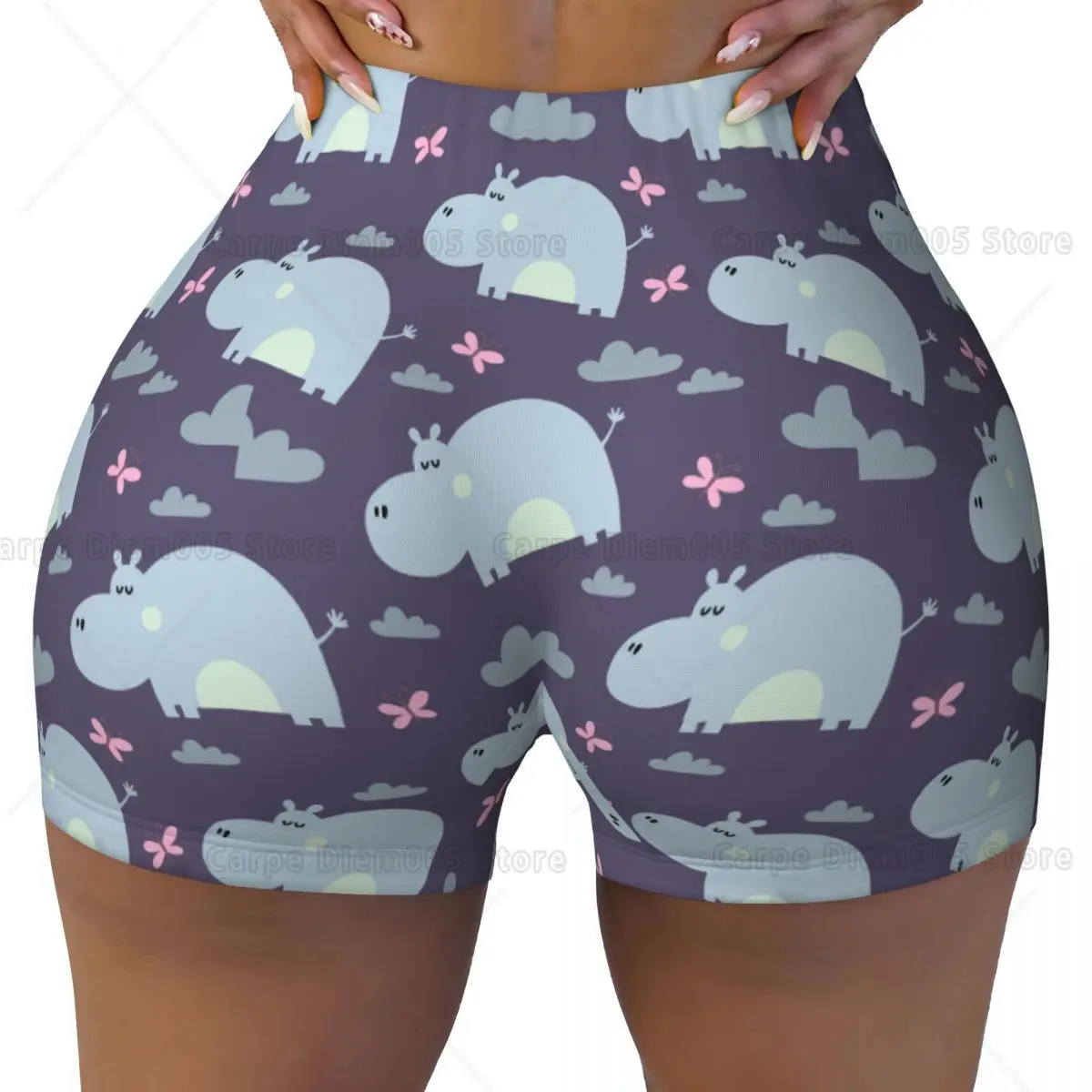 Trendy High-Waisted Workout Shorts for Women Cute Light Blue Hippo Pink Butterfly Print Perfect for Gym Sessions or Casual
