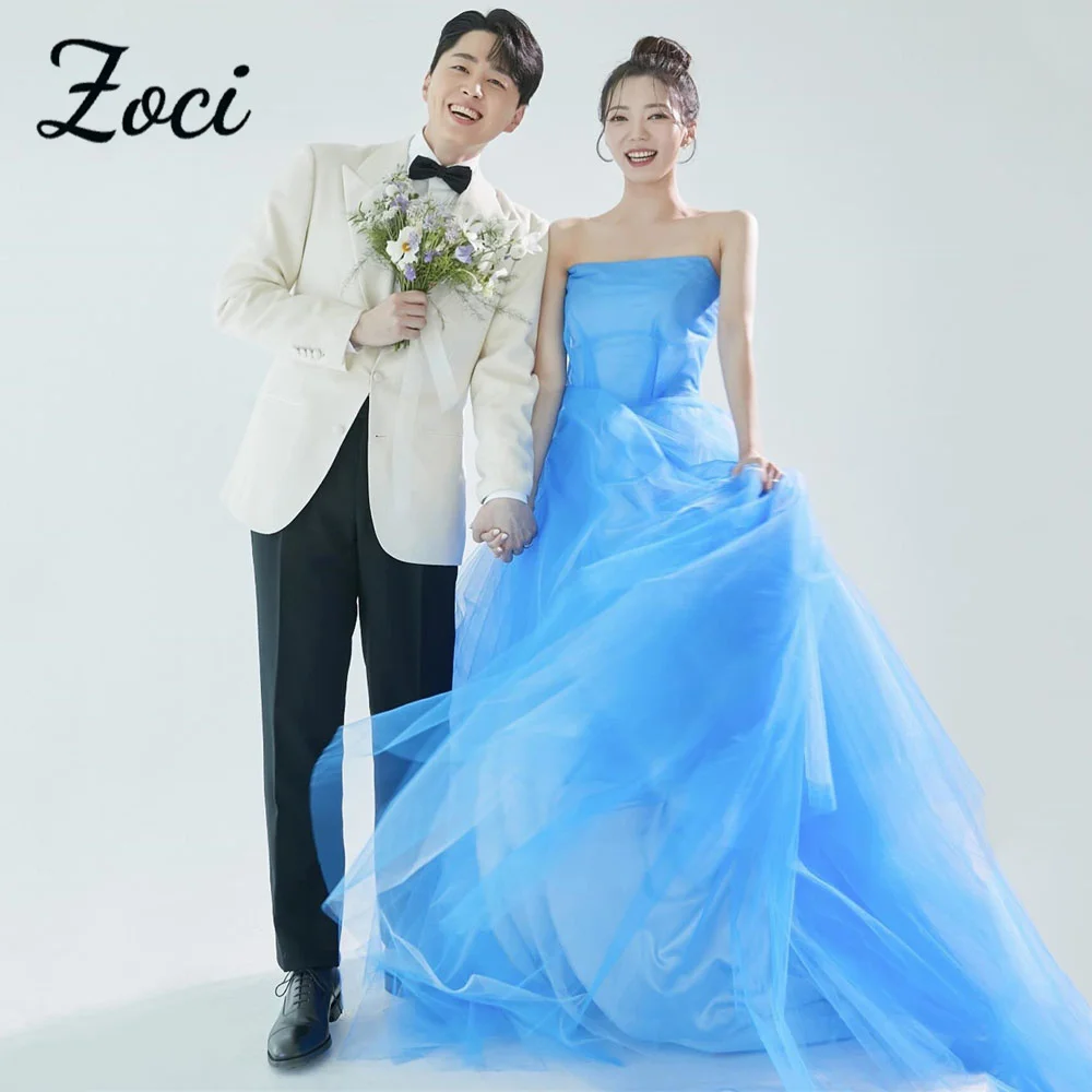 

Zoci Simple Sky Blue Strapless Korea Wedding Dresses Fairy Tulle Pleat Evening Dress Photos Shoot Customized Bride Party Gown