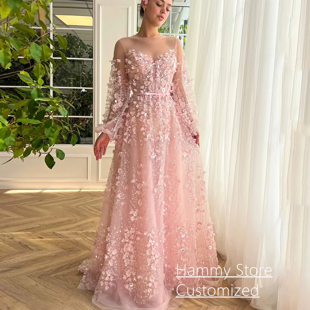 Sukienka wieczorowa księżniczki, szyta na miarę, bufiaste rękawy, prześwitujący dekolt O-neck, koraliki, kwiaty, linia A, prześwitująca, suknie na studniówkę/imprezę.