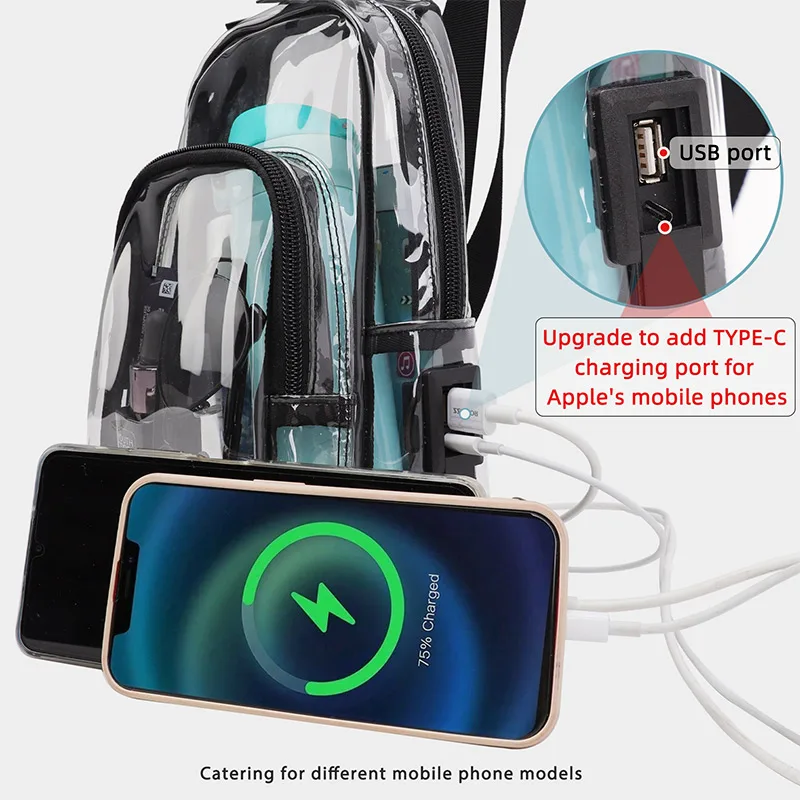 TINYAT Multi Color Clear Women's Chest Bag Comes with USB,Type-c Port,Suitable for Attending Concerts and Outdoor Parties