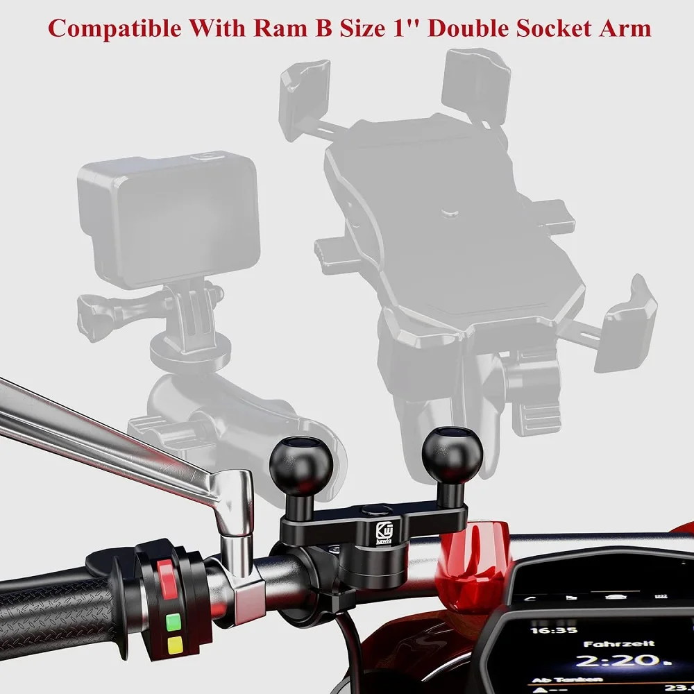 Aluminum Alloy Handlebar Clamp Rear-View Mirror Mount Base with Double 1'' Ball for Double Socket Arm & Motorcycle Phone Holder - Image 2