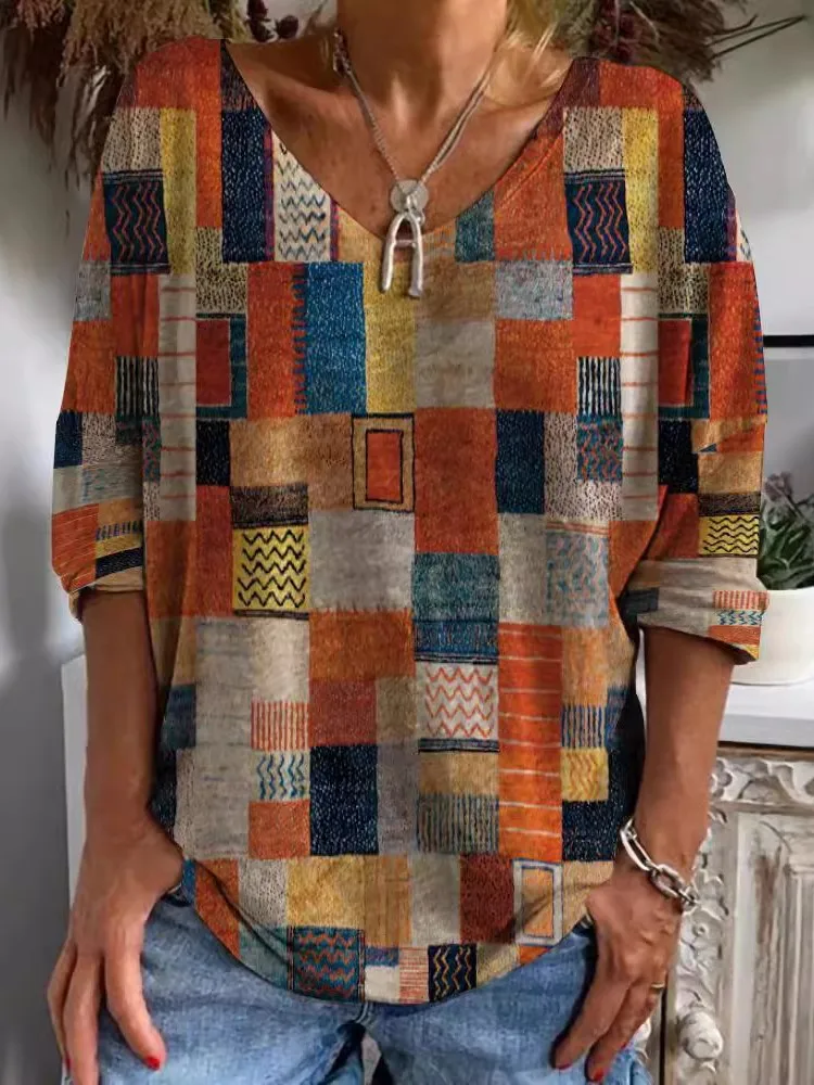 

Fashion Print T Shirt Top Lady Casual V Neck Long Sleeve Pullover Tshirts Tops For Women Boho Holiday T-Shirt Womens Clothing