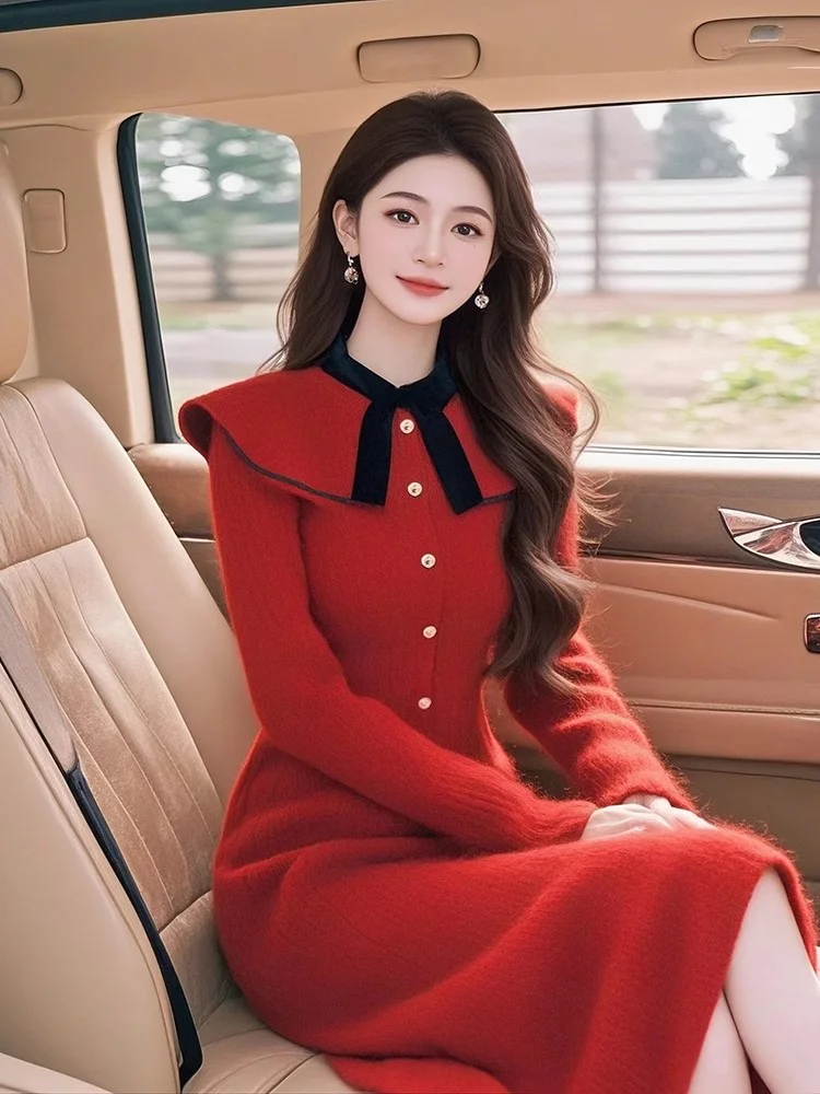 

Красное вязаное платье с эффектом утяжки талии, модное винтажное, в корейском стиле, с длинным рукавом, новинка зимы для женщин