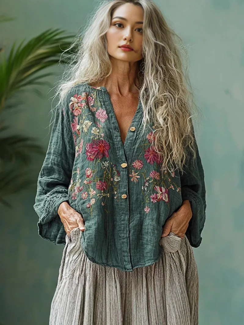 Ethnic Floral Printed Blouse Single Breasted V-Neck Long Sleeve American Retro Casual Bohemian Harajuku Shirt Vintage Blouse