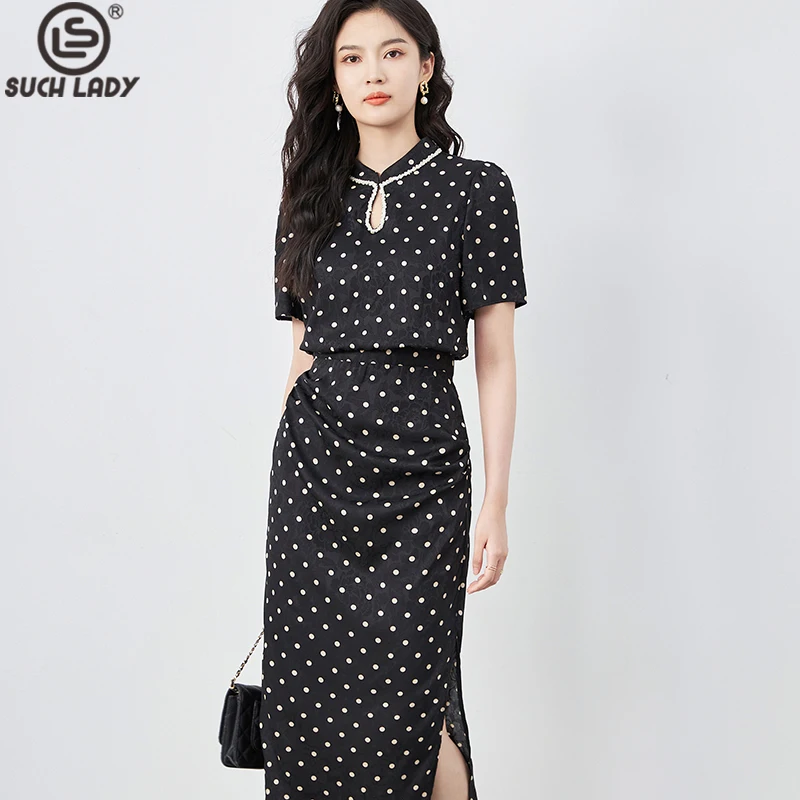 

Women's Runway Dresses Stand Collar Beaded Sexy Keyhole Side Split Dots Printed Elegant Fashion Mid Vestidos