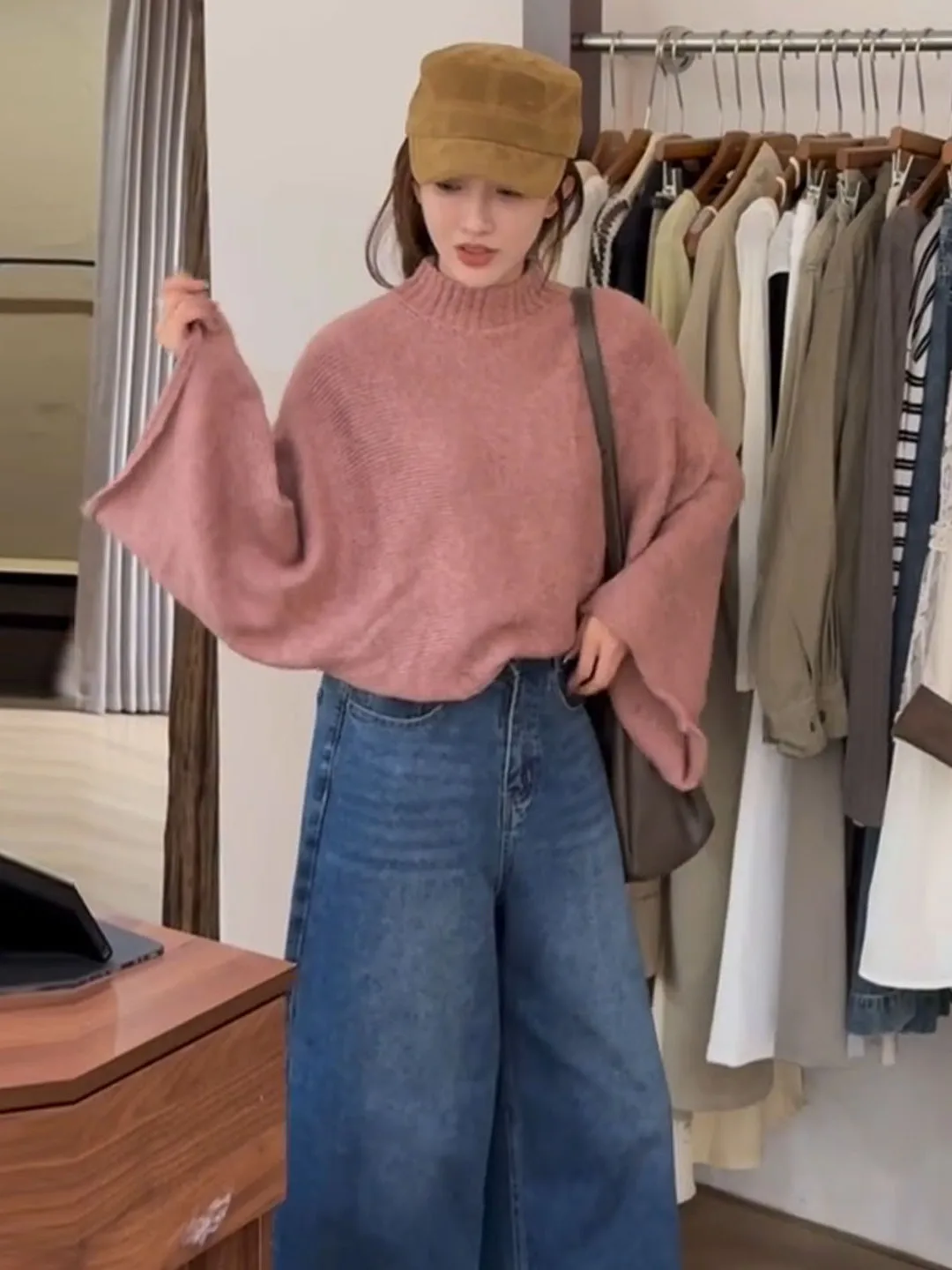 

Корейский розовый пуловер с высоким воротником Batwing Sve, женский осенне-зимний милый молодежный свободный трикотаж, топ