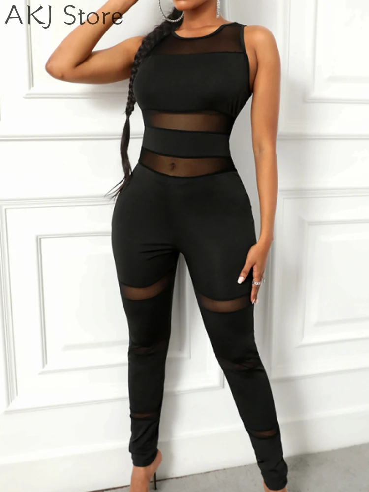 

Patchwork Mesh Bodycon Rompers Jumpsuit Skinny Mesh See Though One-piece Overalls