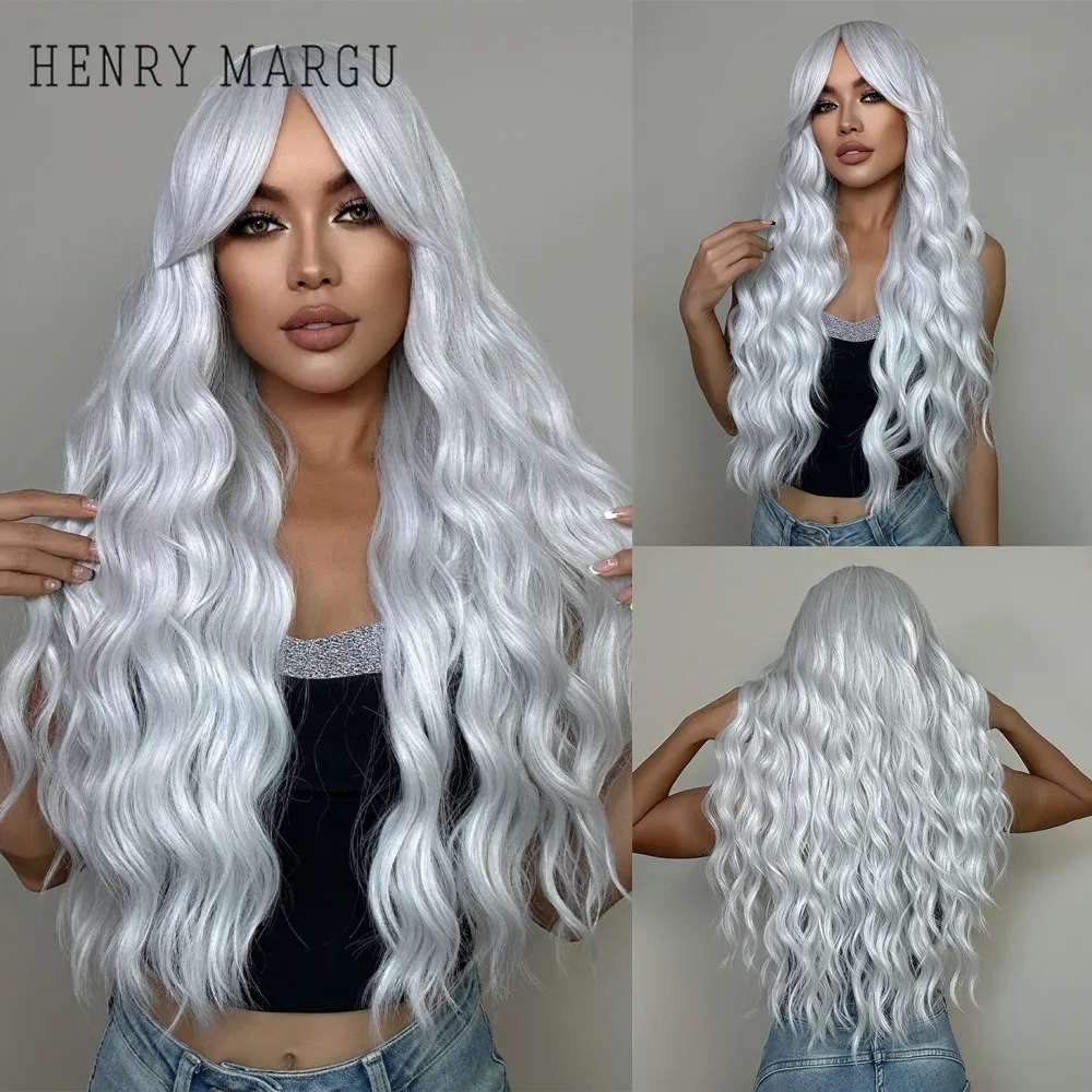 

HENRY MARGU White Blonde Synthetic Wigs with Bangs Long Wavy Wigs for Party Cosplay Soft Full Wig for Women Heat Resistant Fiber