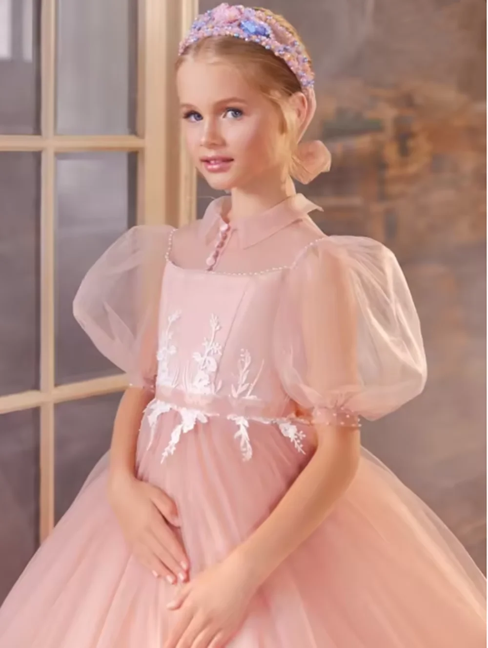 Pink Pearls Puff Sleeve Girls Dress Charming Sweet Lace Appliques Princess Gown for Banquet Party Kids Birthday Clothes