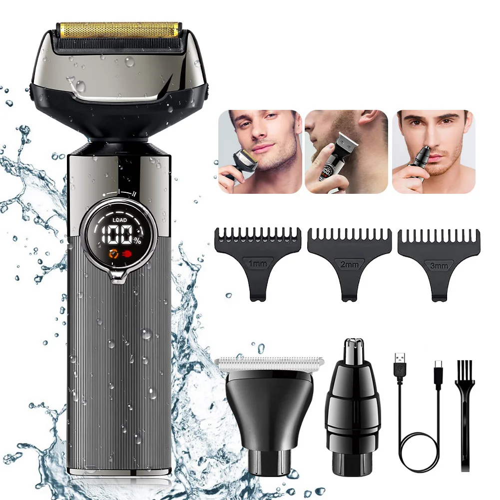 3-in-1 Rechargeable Electric Shaver with Washable Heads USB Rechargeable LED Display & Nose Hair Trimmer Men's Grooming Set