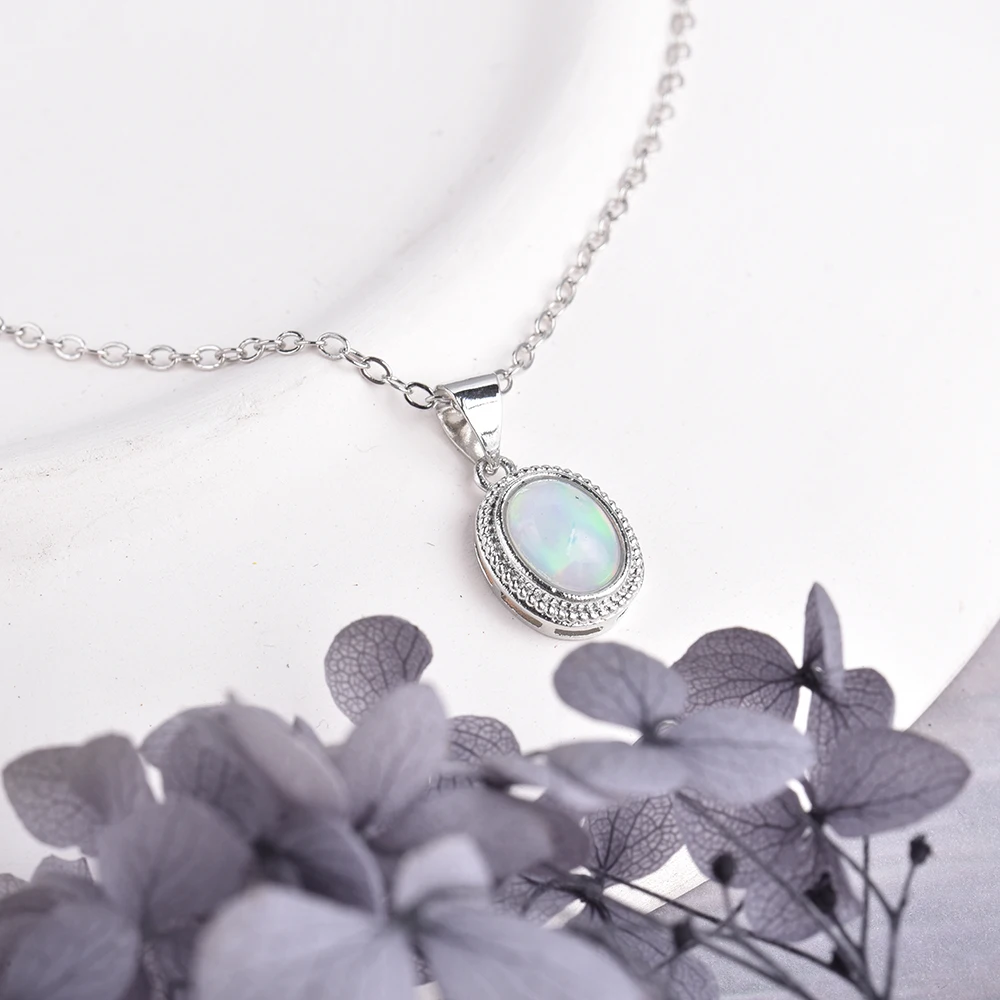 ITSMOS Natural Opal Crystal Pendant Necklace October Birthstone Gemstone Simple Necklaces Fire Light Oval Opal Jewelry for Women