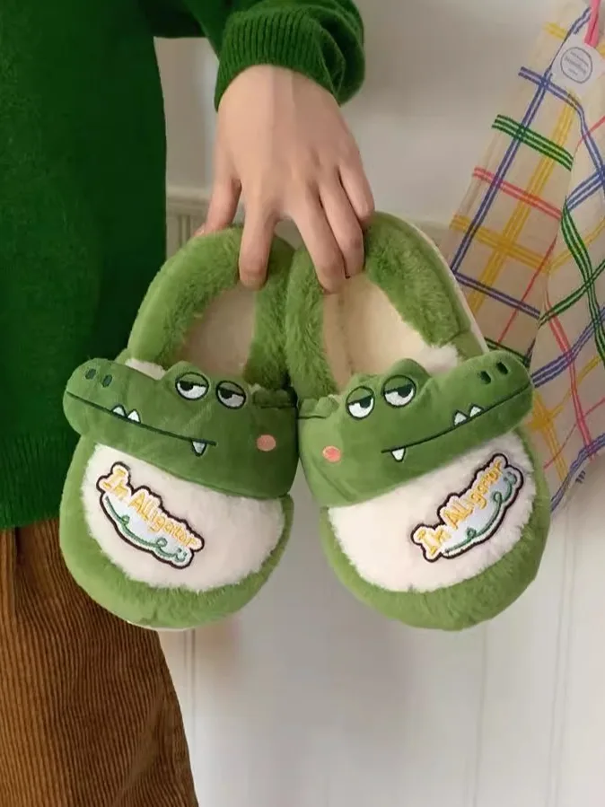 Funny Women Frog Home Slippers Plush Confinement Shoes Anti Slip Ins Indoor Household Cute Crocodile Winter Home Casual Slippers